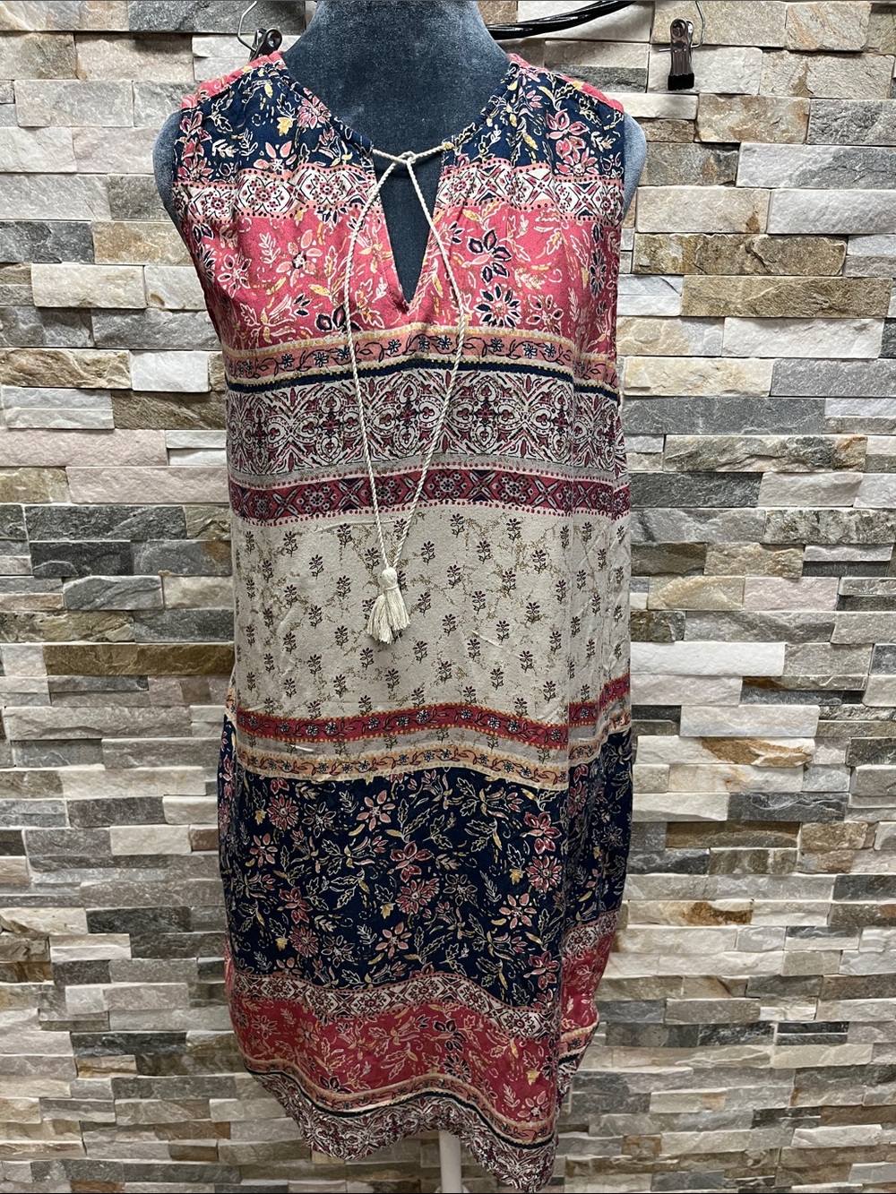 beachlunchlounge Sleeveless Boho Stripe Floral Dress in Navy, Coral & Cream